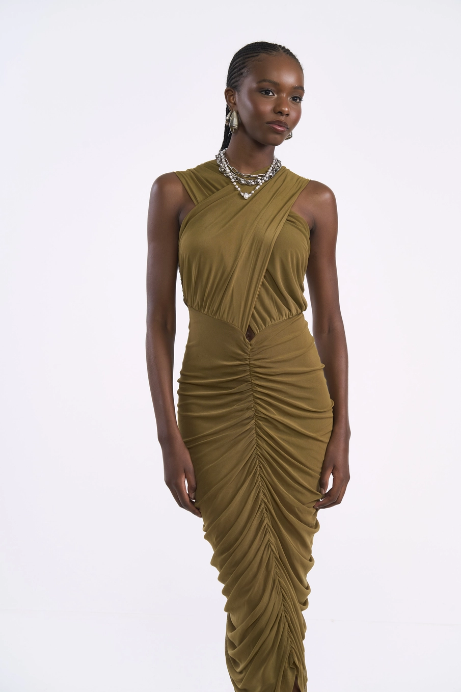 Vestido Midi Em Tule Drapeado Com Transpasse Marrom