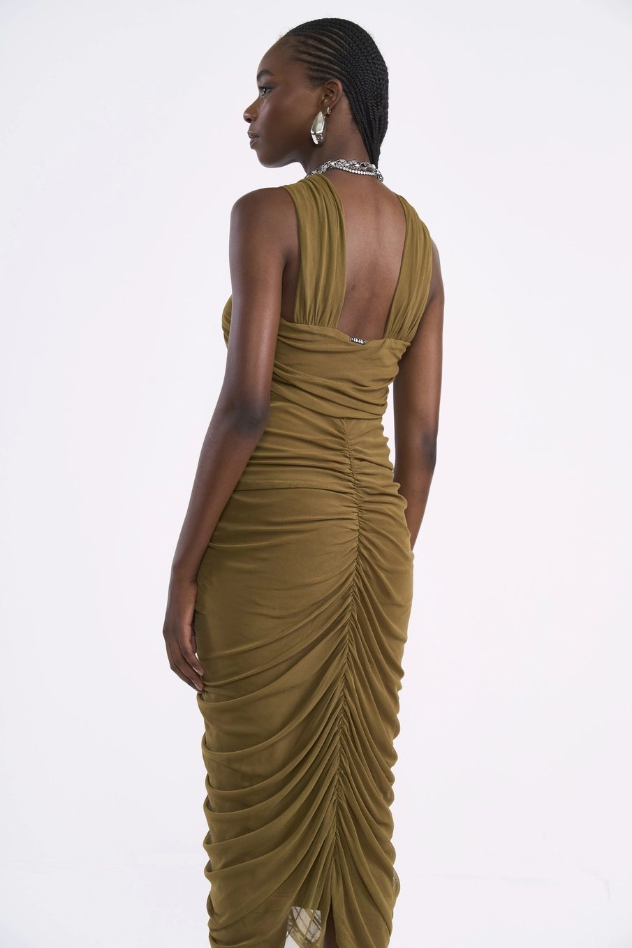 Vestido Midi Em Tule Drapeado Com Transpasse Marrom