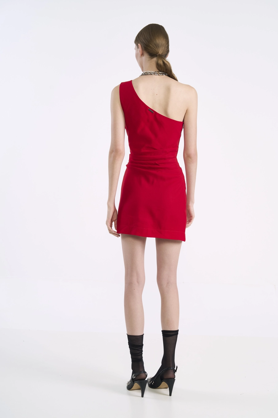 Vestido Curto Um Ombro Só Com Drapeado Com Linho Vermelho