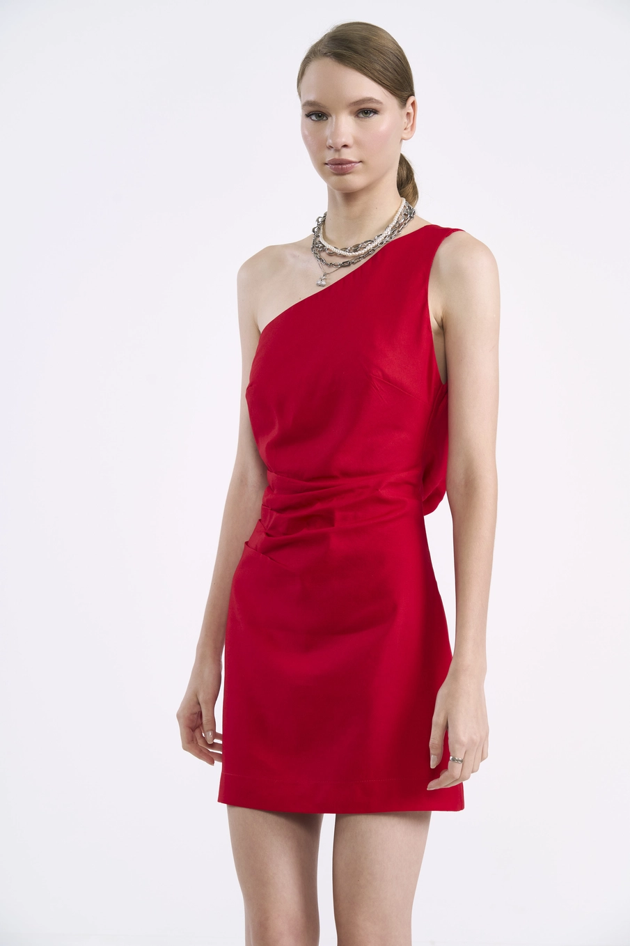 Vestido Curto Um Ombro Só Com Drapeado Com Linho Vermelho