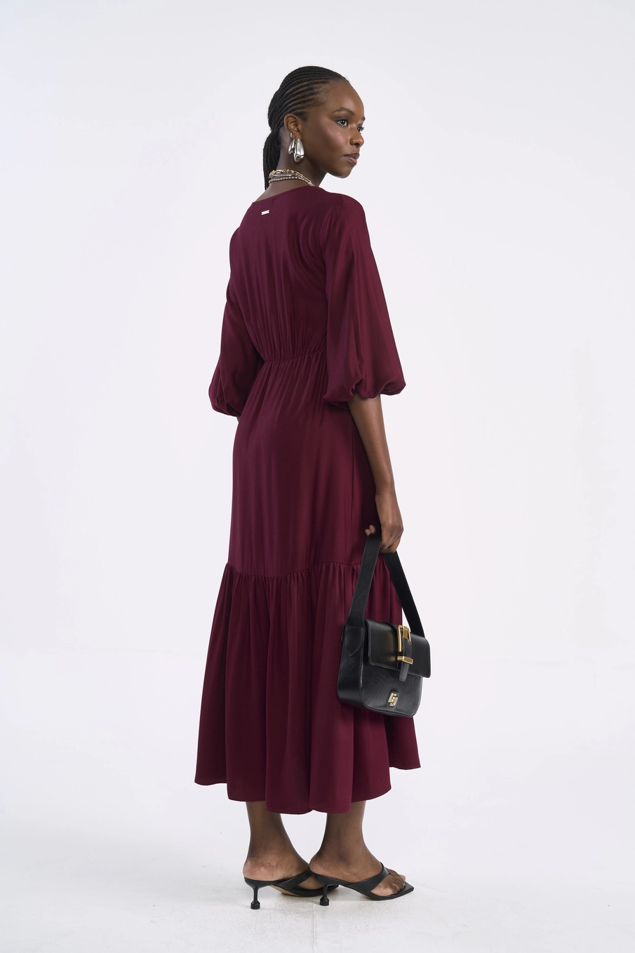 Vestido Midi Evase Com Amarração Bordô