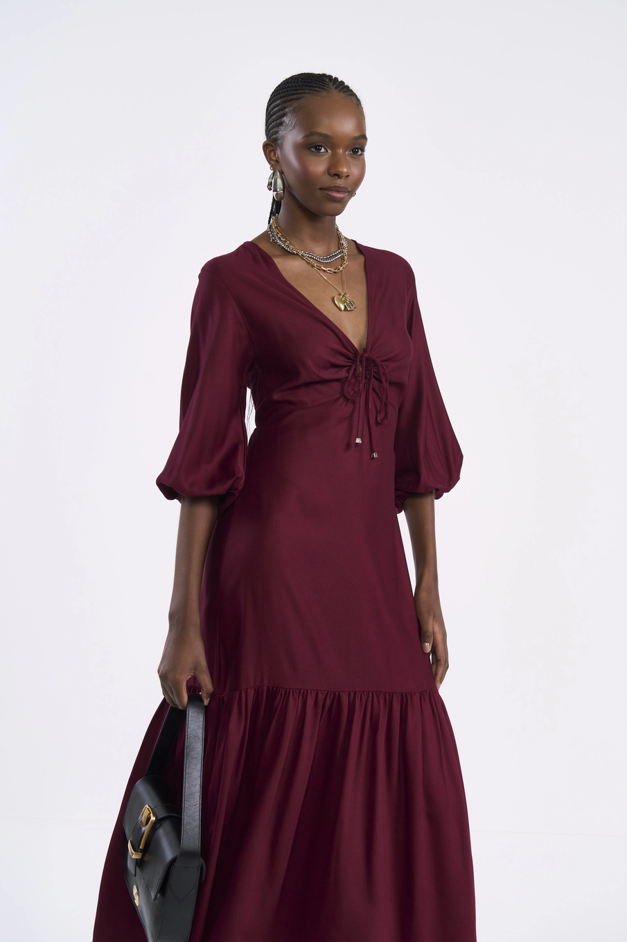 Vestido Midi Evase Com Amarração Bordô
