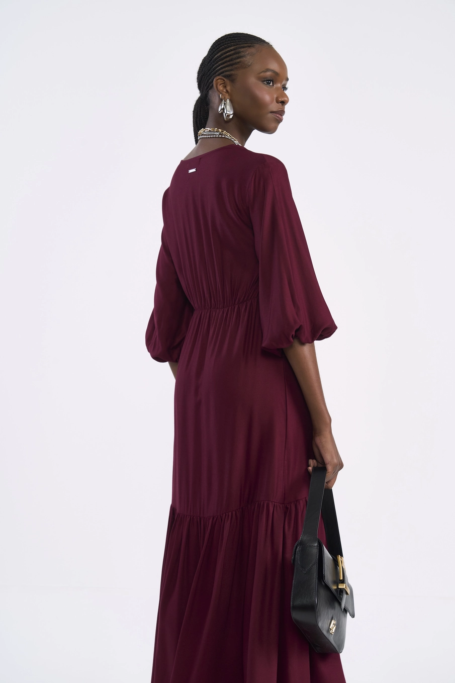 Vestido Midi Evase Com Amarração Bordô