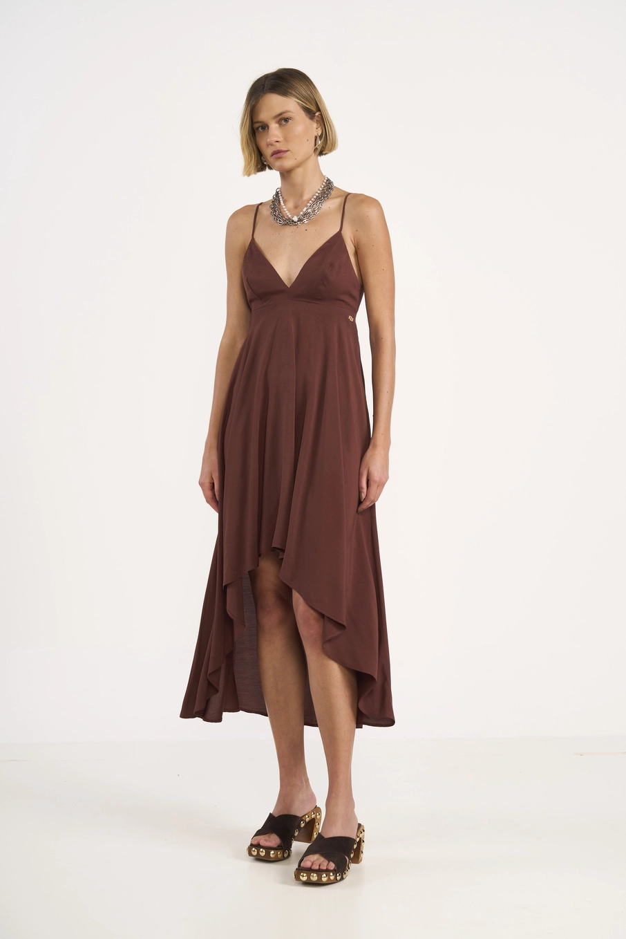 Vestido Midi Mullet Com Alças Finas Marrom