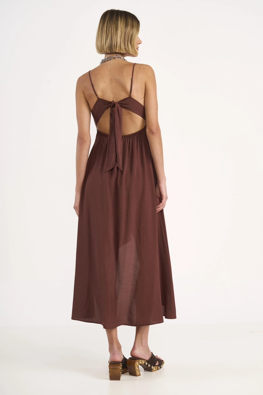 Vestido Midi Mullet Com Alças Finas Marrom