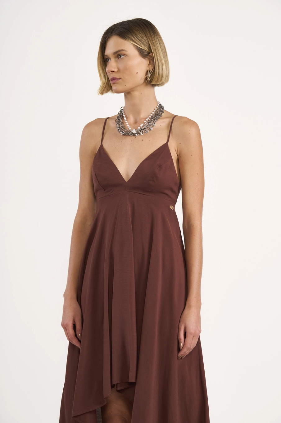 Vestido Midi Mullet Com Alças Finas Marrom