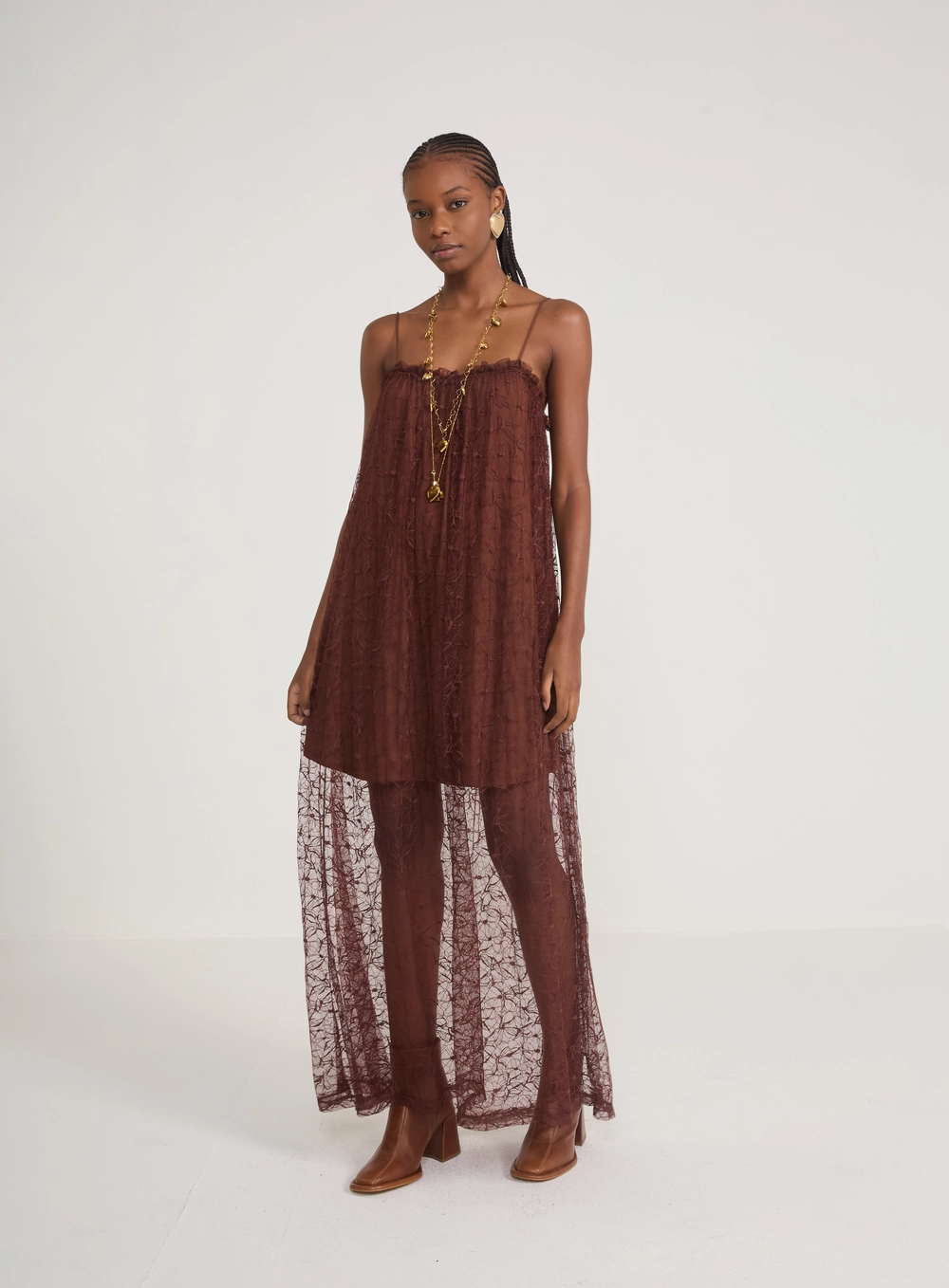 Vestido Midi Renda E Transparência Marrom