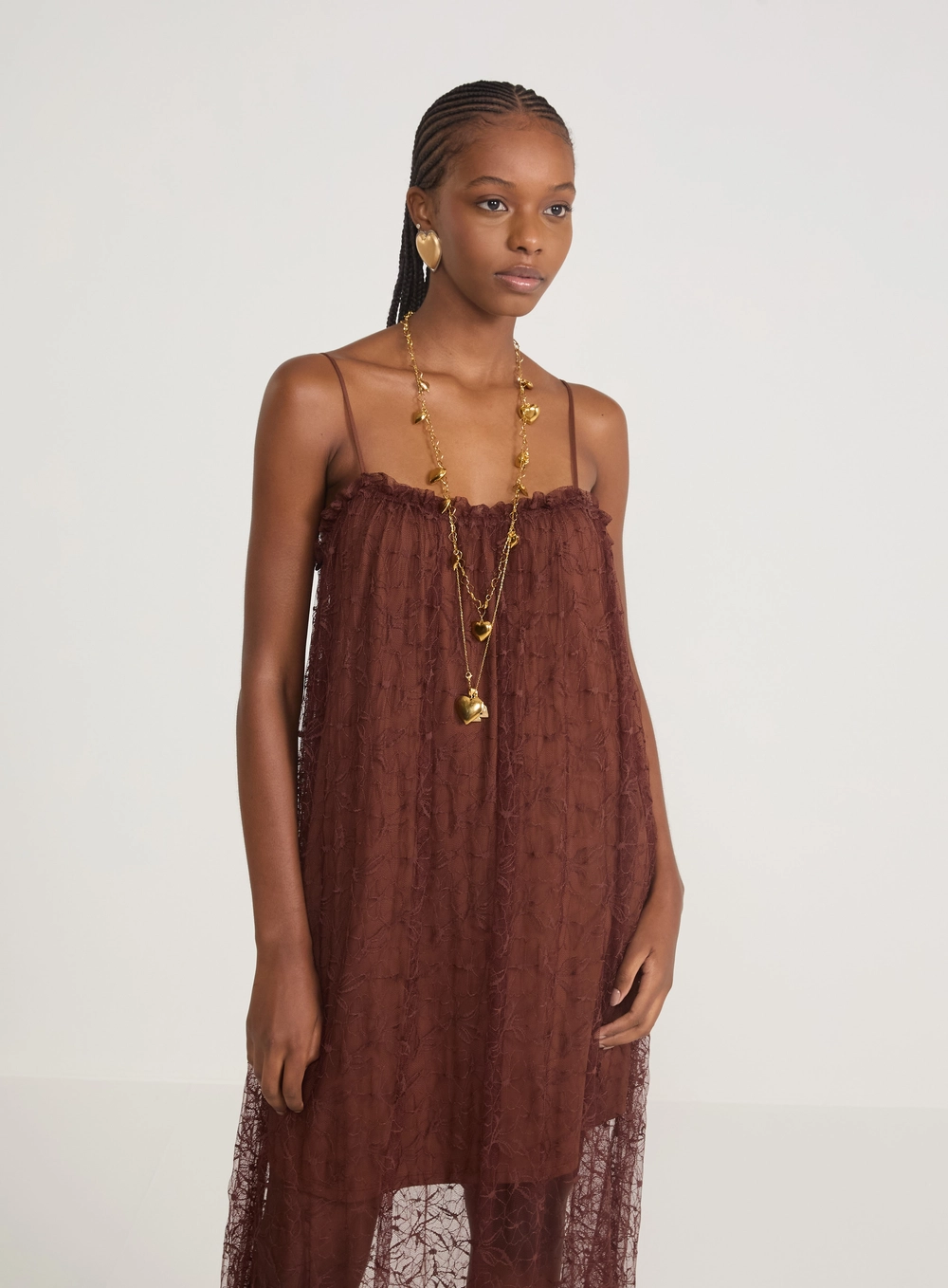 Vestido Midi Renda E Transparência Marrom