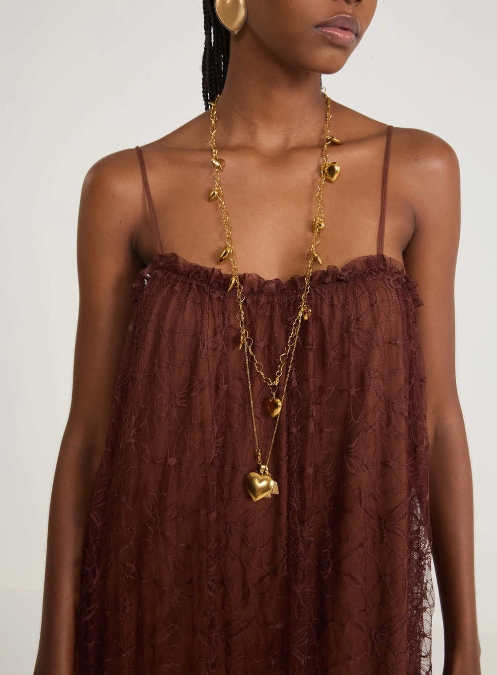Vestido Midi Renda E Transparência Marrom