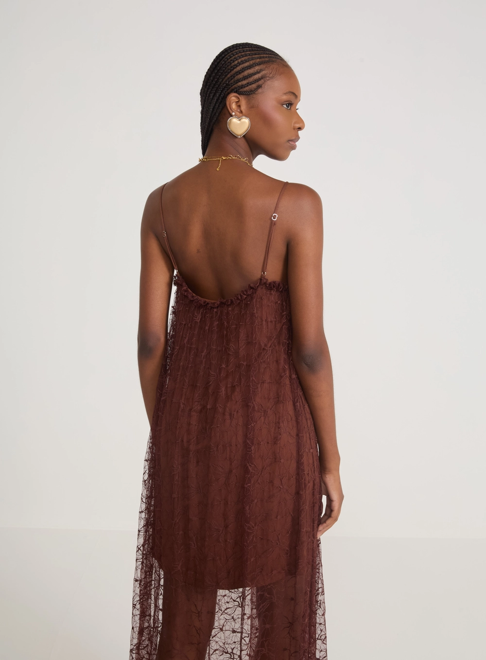Vestido Midi Renda E Transparência Marrom