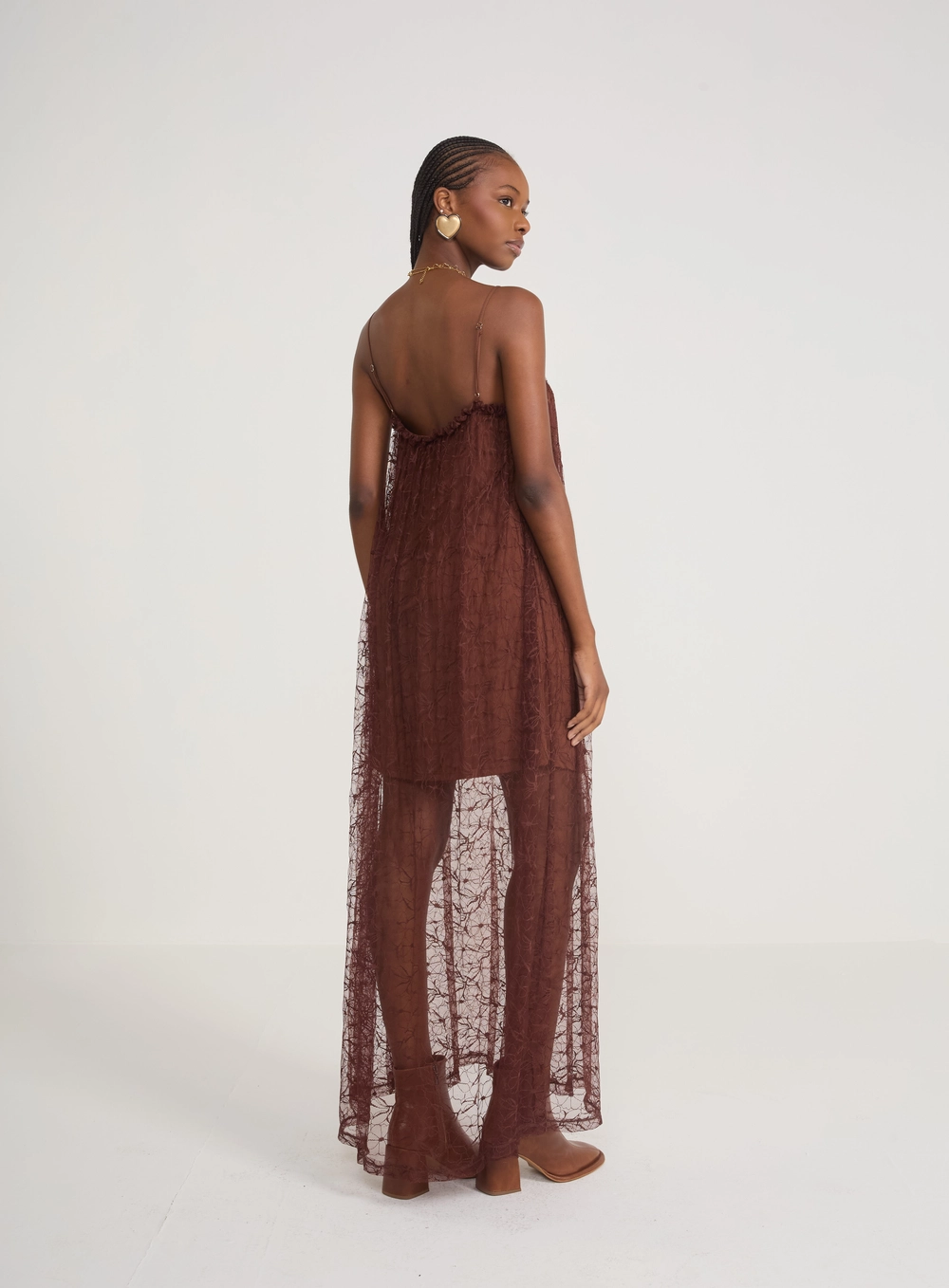 Vestido Midi Renda E Transparência Marrom
