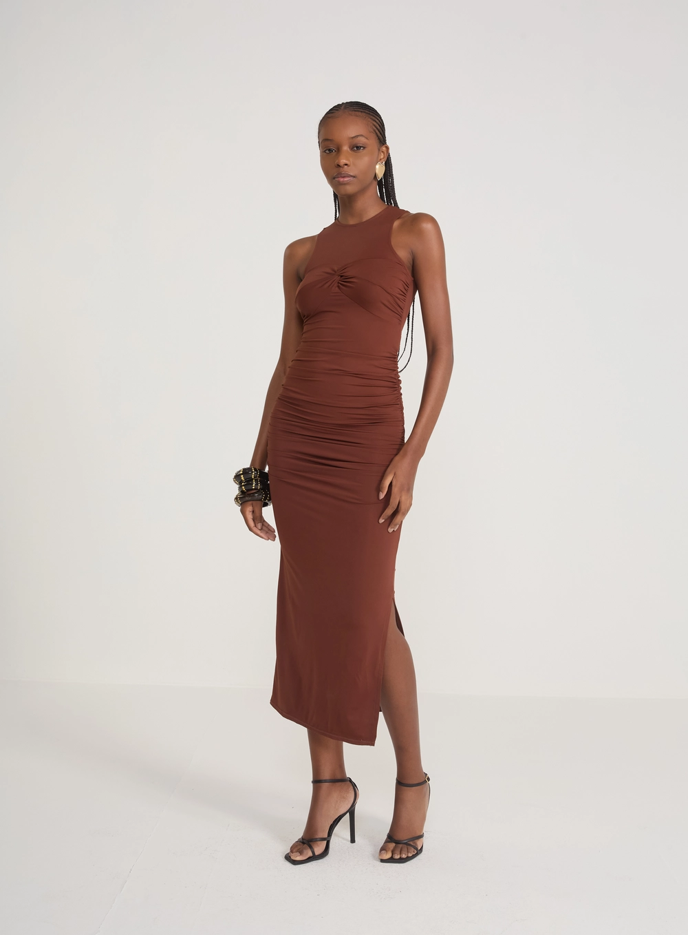 Vestido Midi Drapeado Marrom Marrom