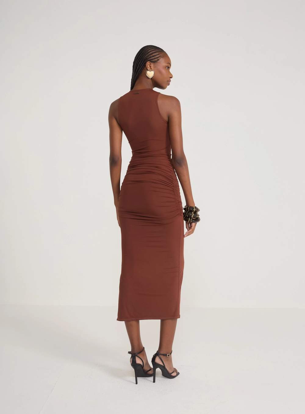 Vestido Midi Drapeado Marrom Marrom