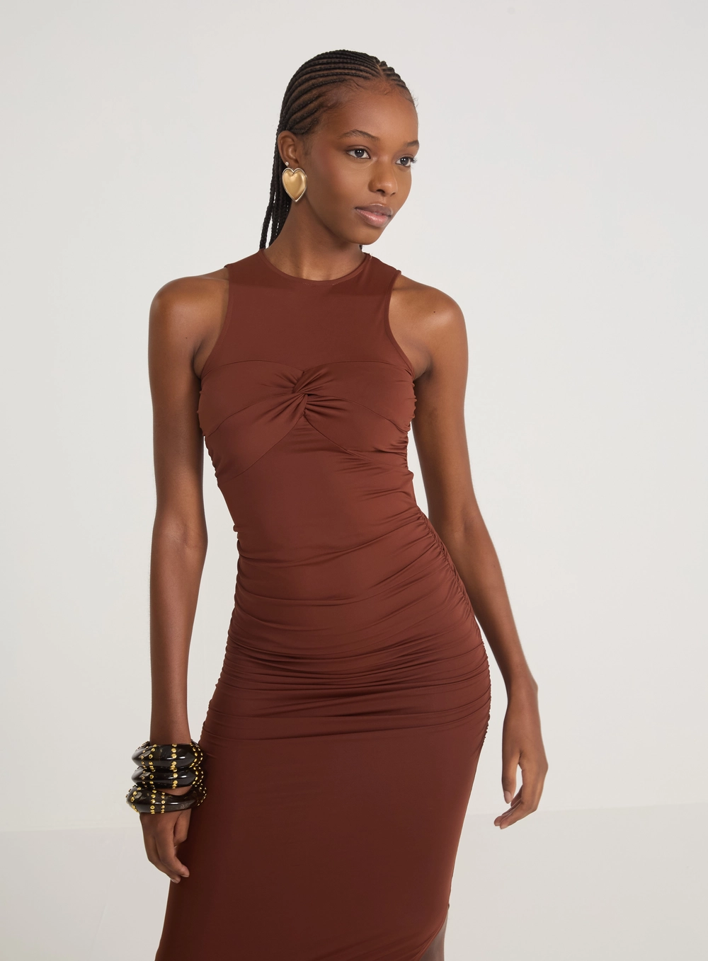 Vestido Midi Drapeado Marrom Marrom