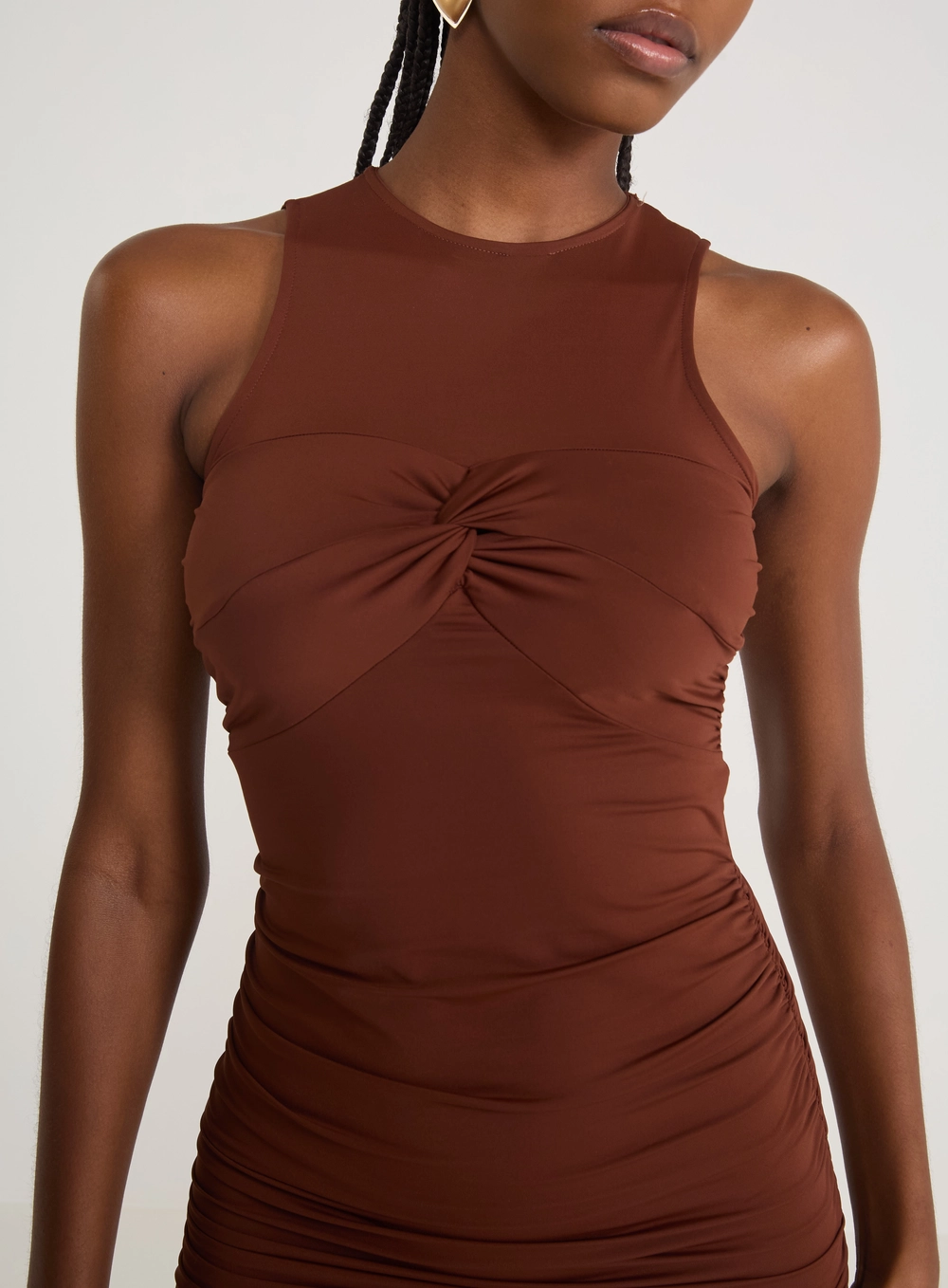 Vestido Midi Drapeado Marrom Marrom
