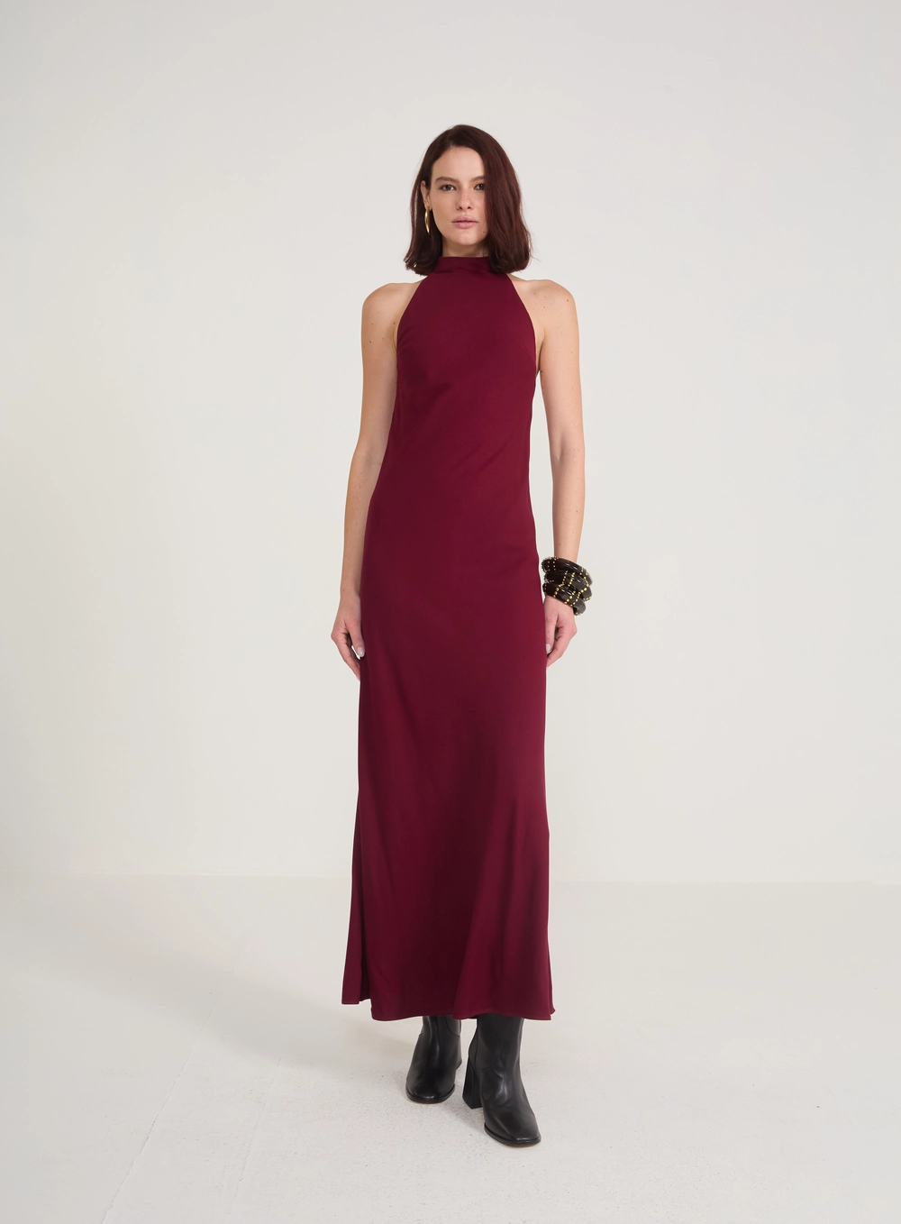 Vestido Longo Halter Frente Única Bordô