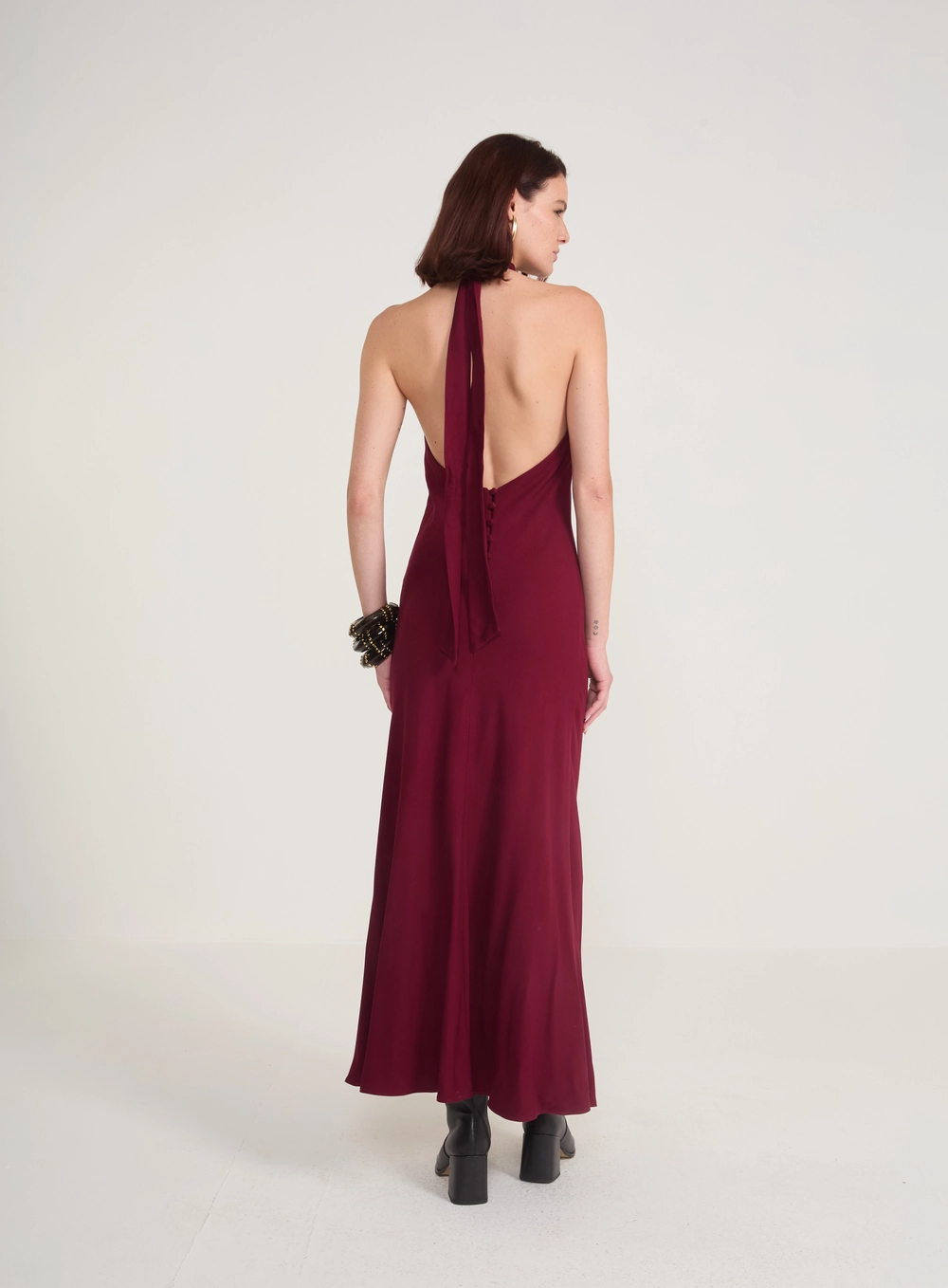 Vestido Longo Halter Frente Única Bordô