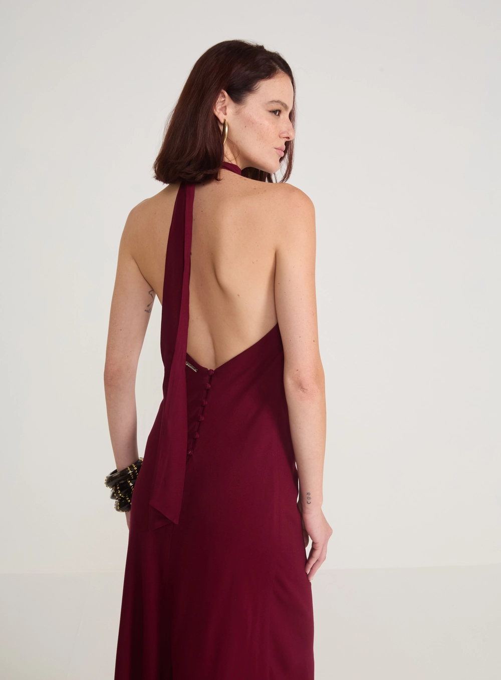 Vestido Longo Halter Frente Única Bordô