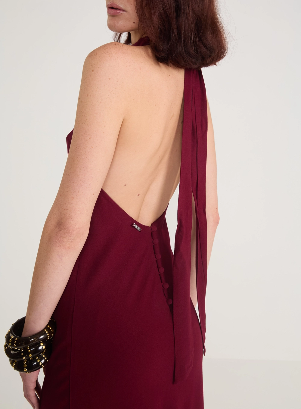 Vestido Longo Halter Frente Única Bordô