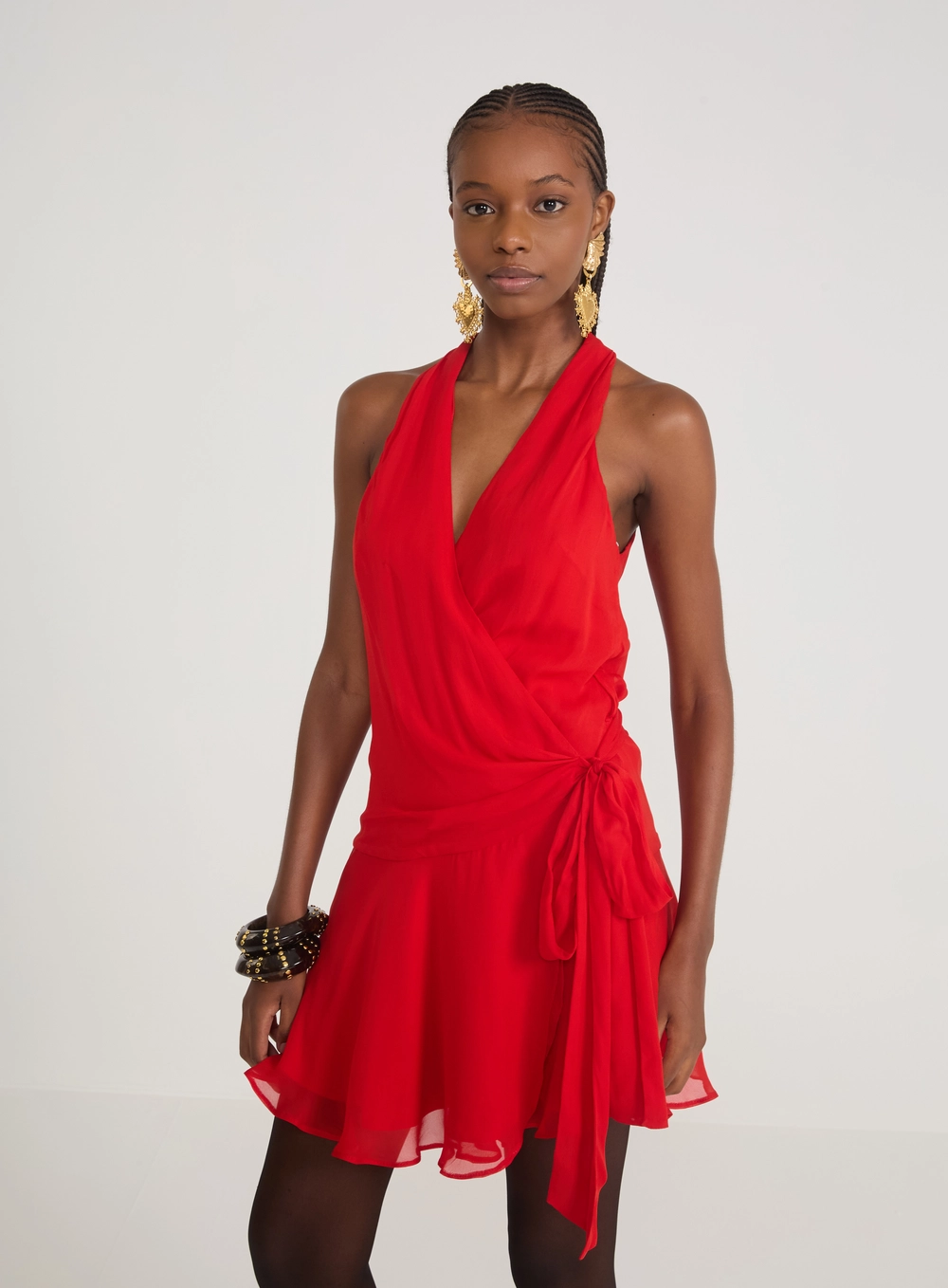Vestido Curto Evasê Transpassado Vermelho