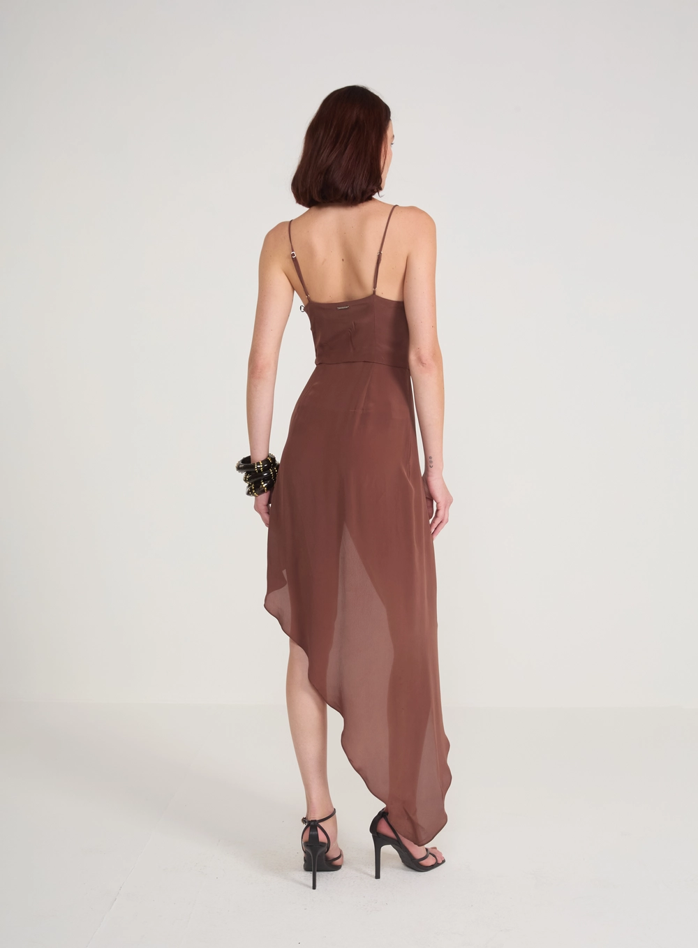 Vestido Assimétrico Drapeado Marrom