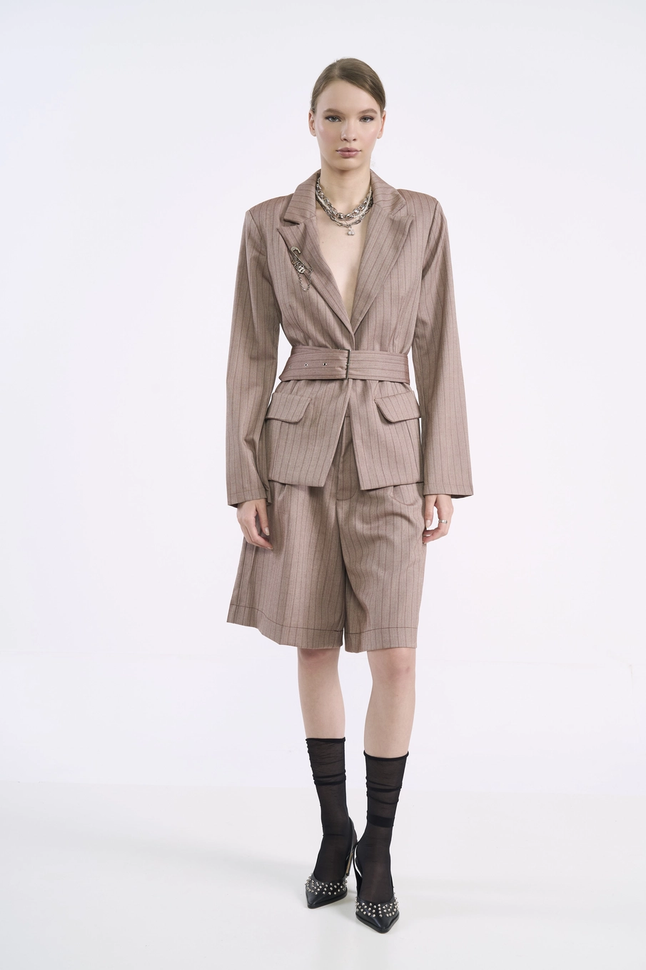 Blazer Alfaiatado Com Listras E Cinto Estampados