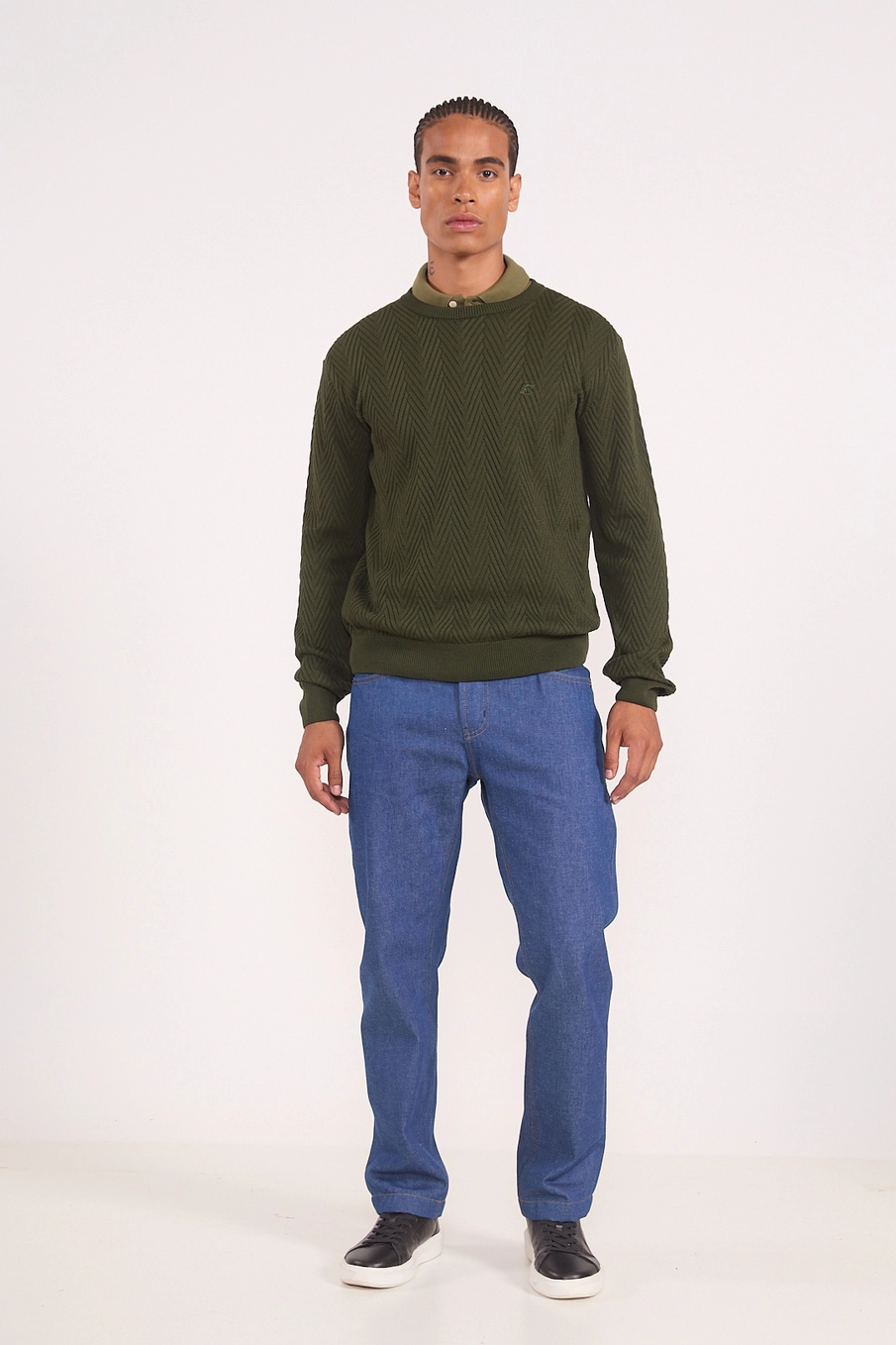 Suéter Masculino Em Tricô Texturizado Chevron Verde