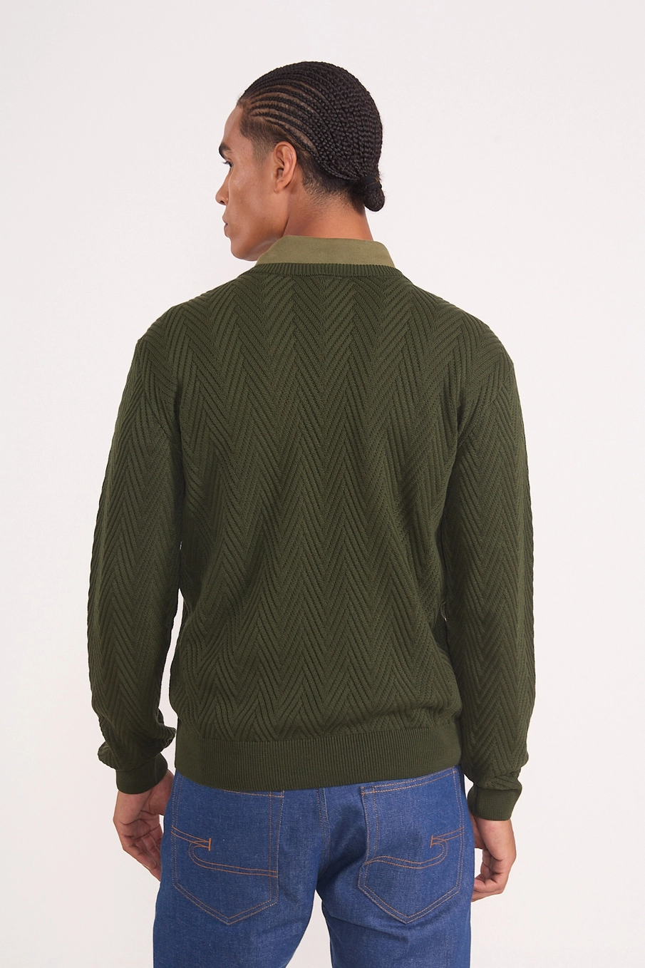 Suéter Masculino Em Tricô Texturizado Chevron Verde