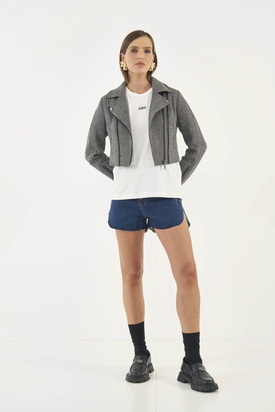 Jaqueta Feminina Biker Cropped Cinza
