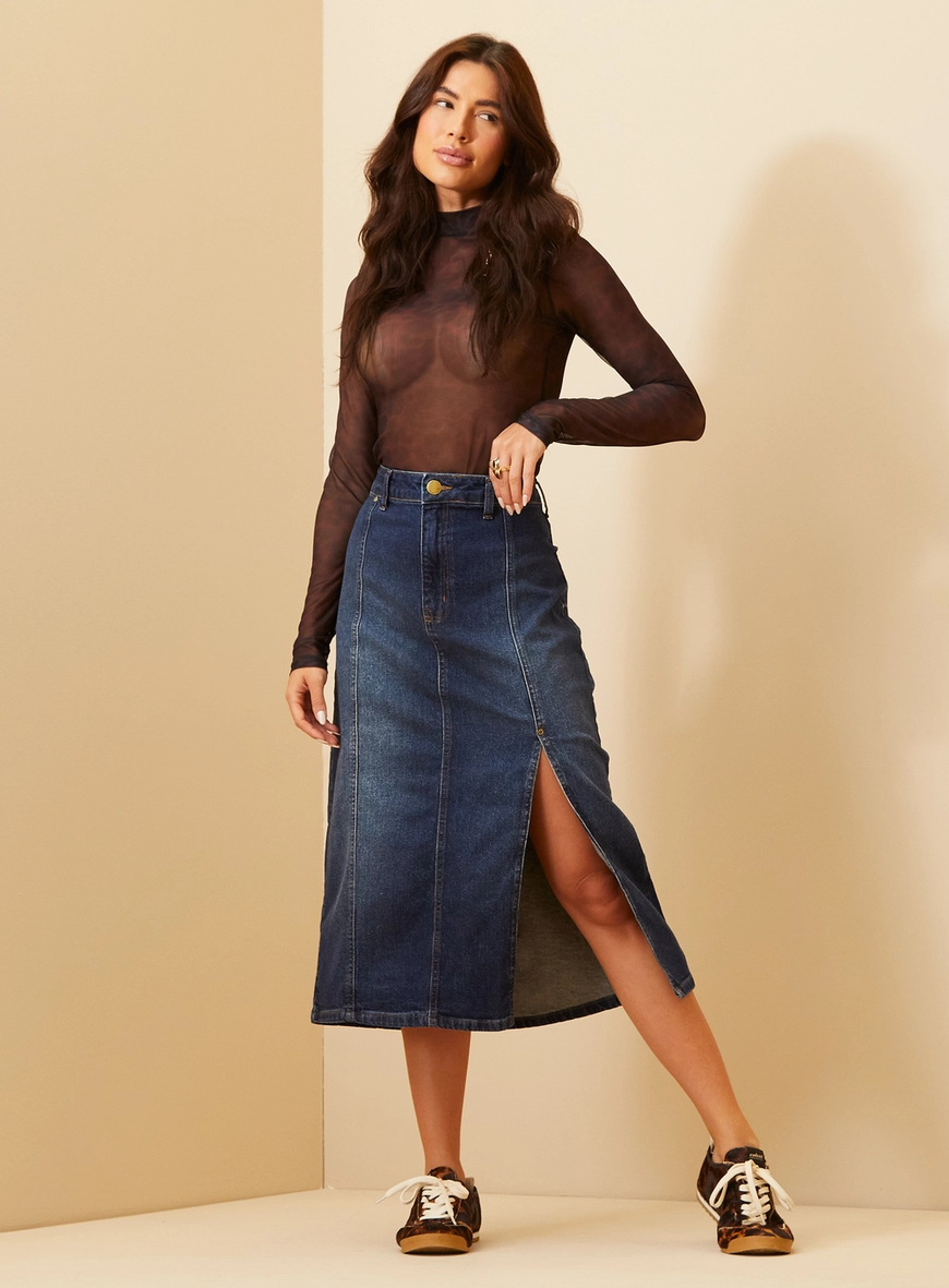 Blusa Slim Manga Longa Em Tule Marrom 3