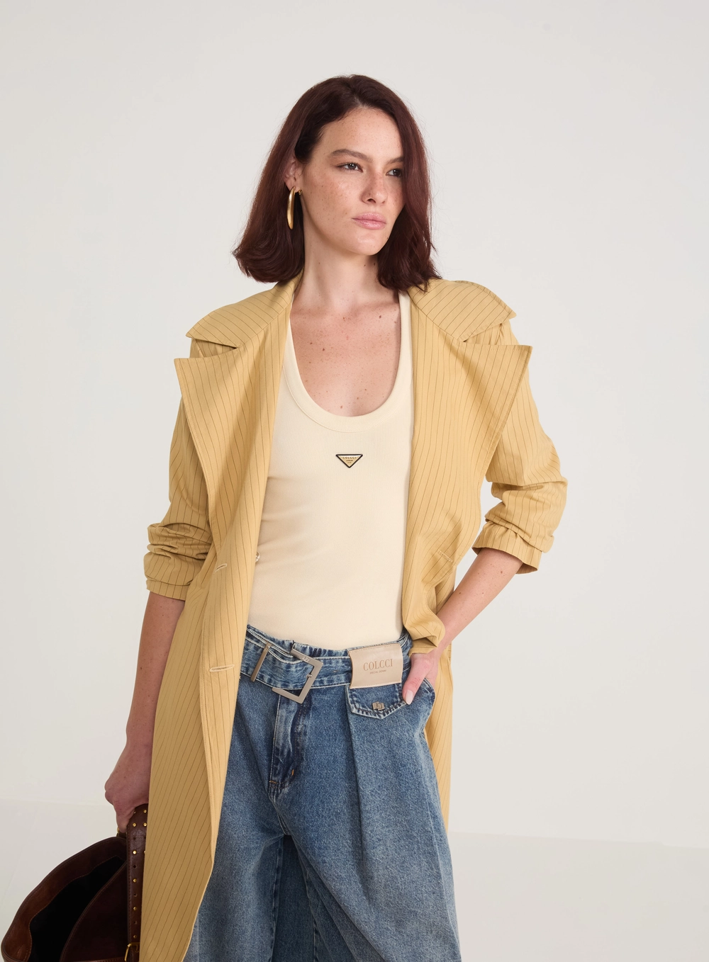 Casaco Trench Coat Alfaiataria Risca De Giz Estampados