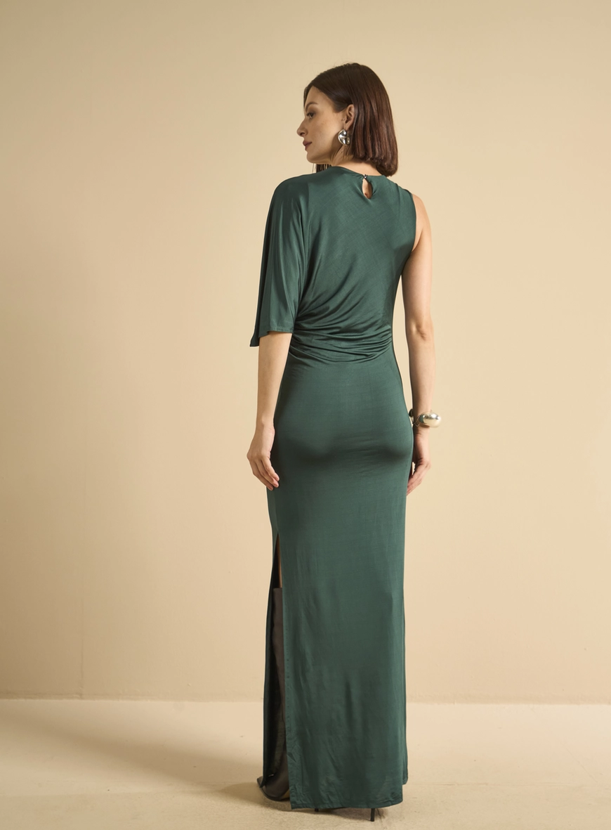 Vestido Longo Um Ombro Com Fenda Verde
