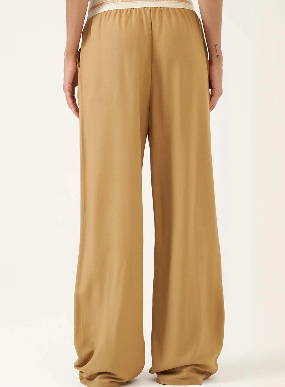 Calça Pantalona Com Cintura Elástica Bege
