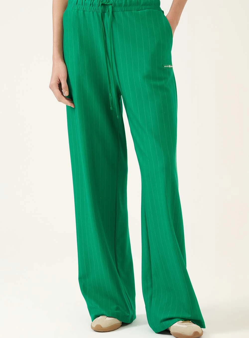 Calça Wide Leg Com Cós Elástico Franzido Verde