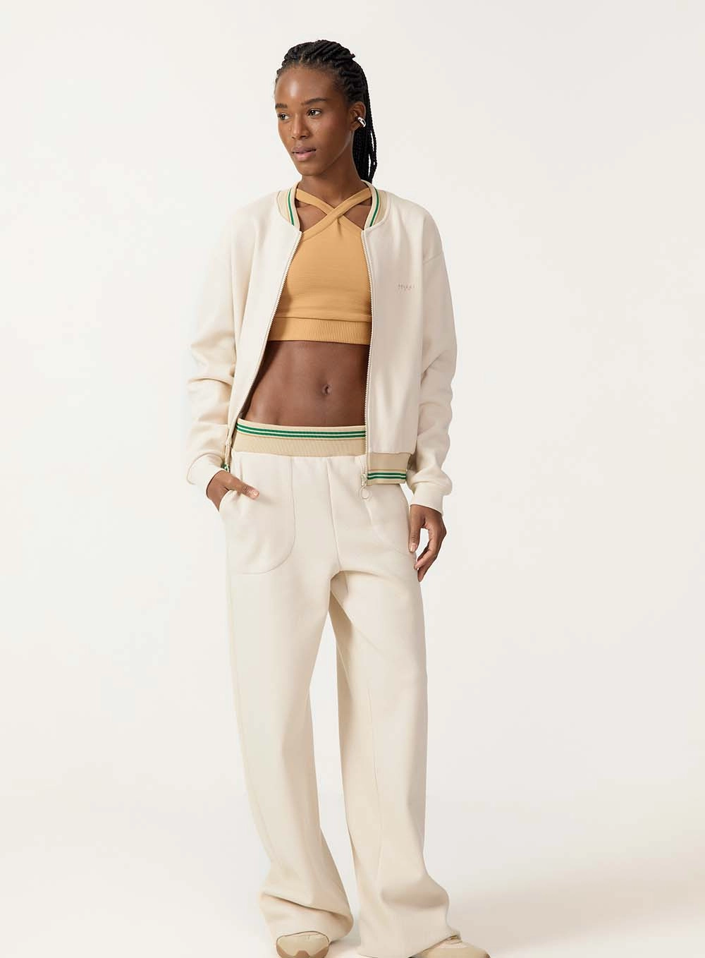 Calça Wide Leg Com Cós Listrado Bege