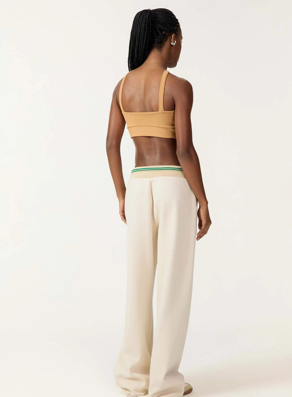 Calça Wide Leg Com Cós Listrado Bege