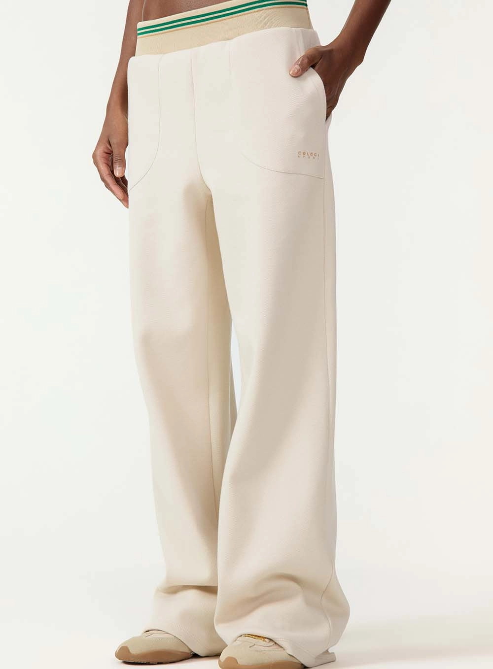 Calça Wide Leg Com Cós Listrado Bege
