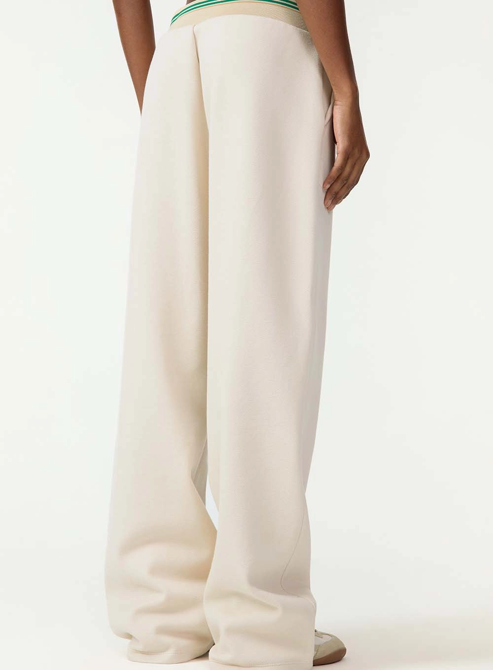 Calça Wide Leg Com Cós Listrado Bege
