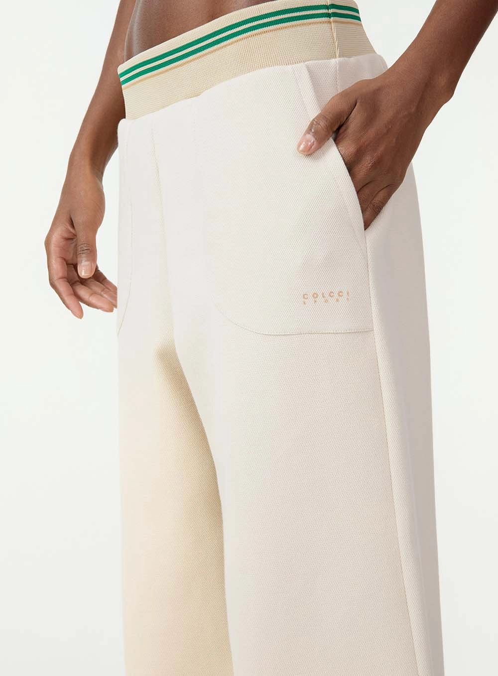 Calça Wide Leg Com Cós Listrado Bege
