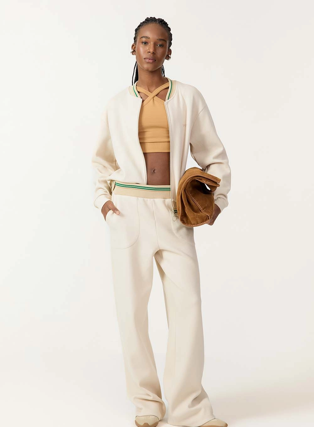 Calça Wide Leg Com Cós Listrado Bege