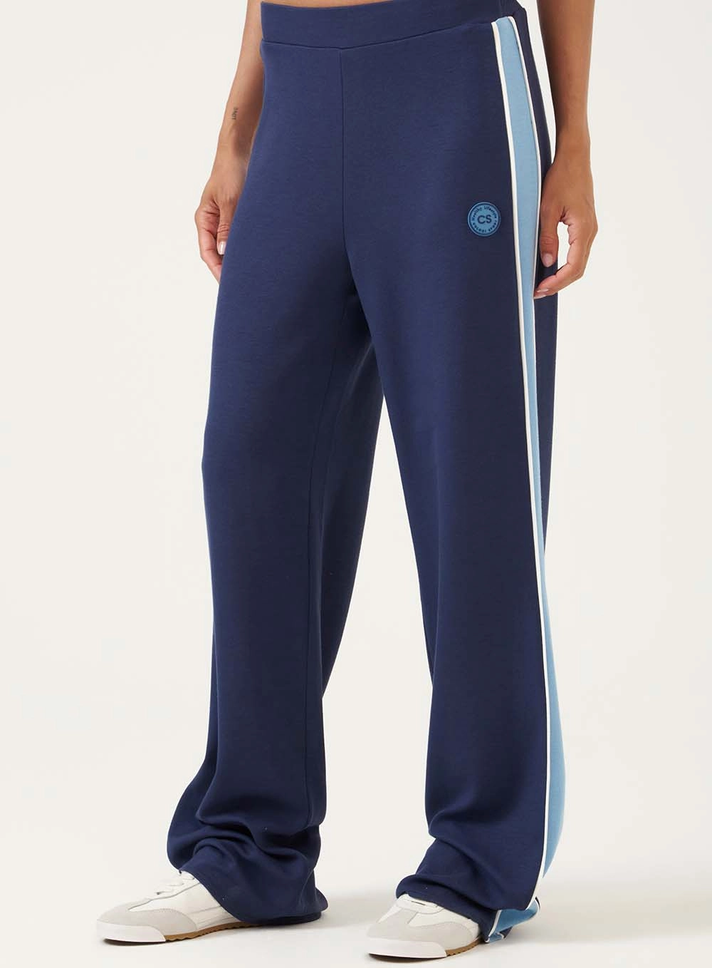 Calça Reta Ampla Com Faixa Lateral Azul