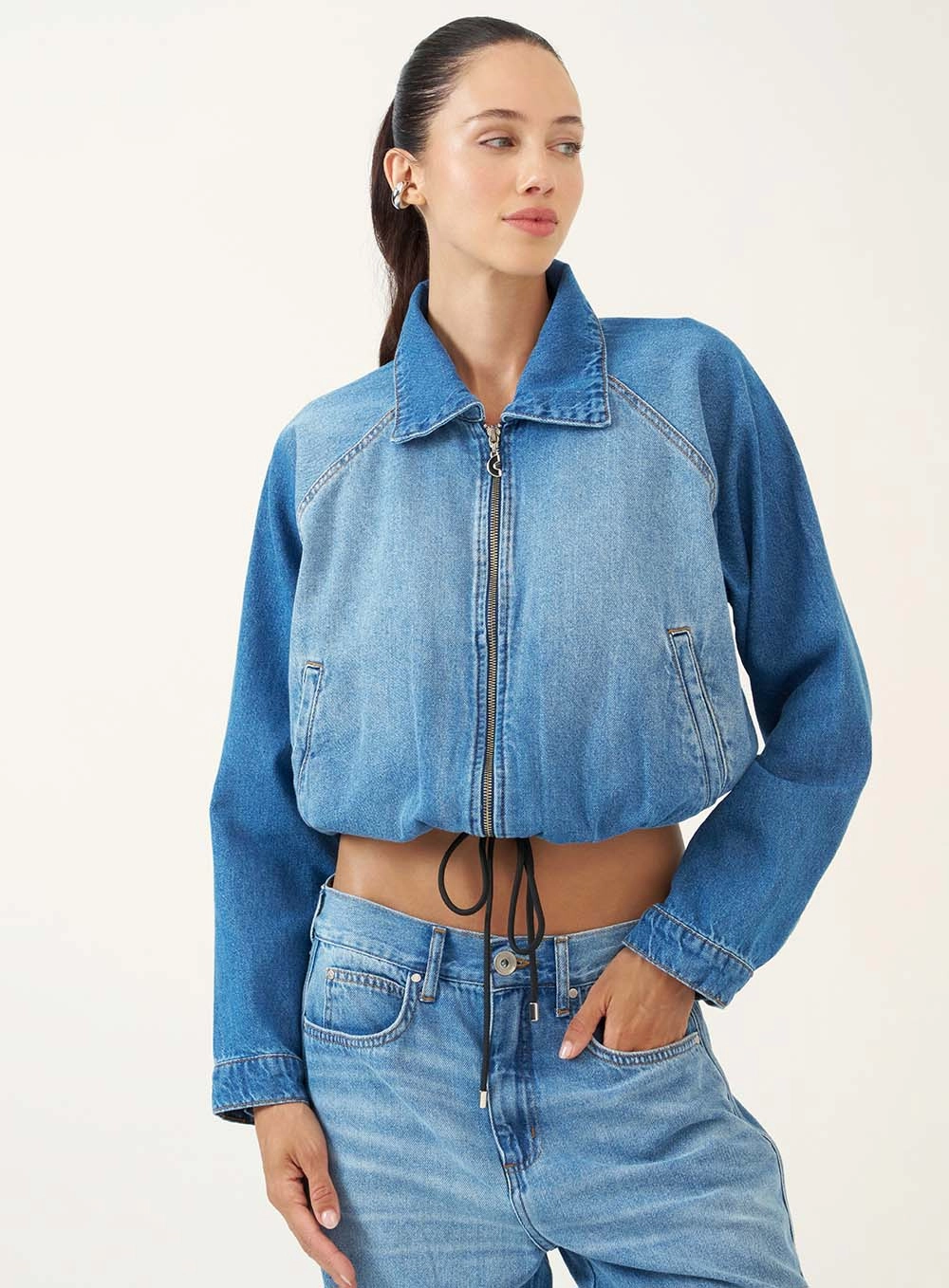 Jaqueta Cropped Balonê Regulável Índigo