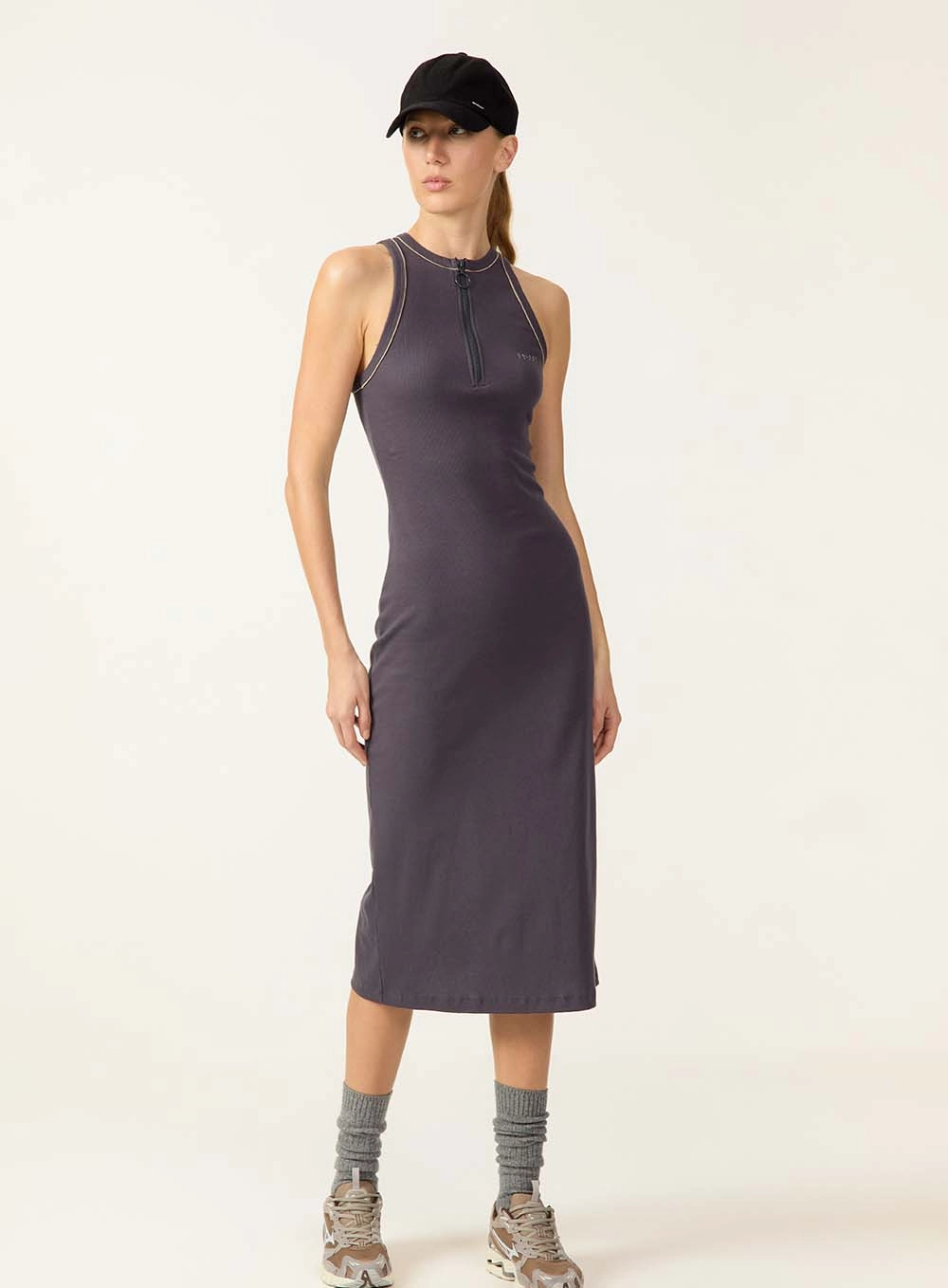 Vestido Midi Canelado Half-zip Cinza
