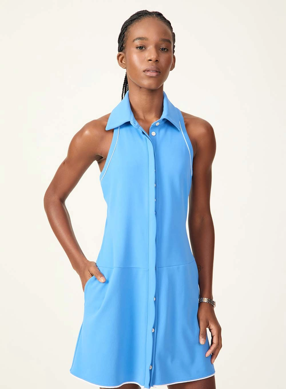 Vestido Evasê Gola Polo Azul