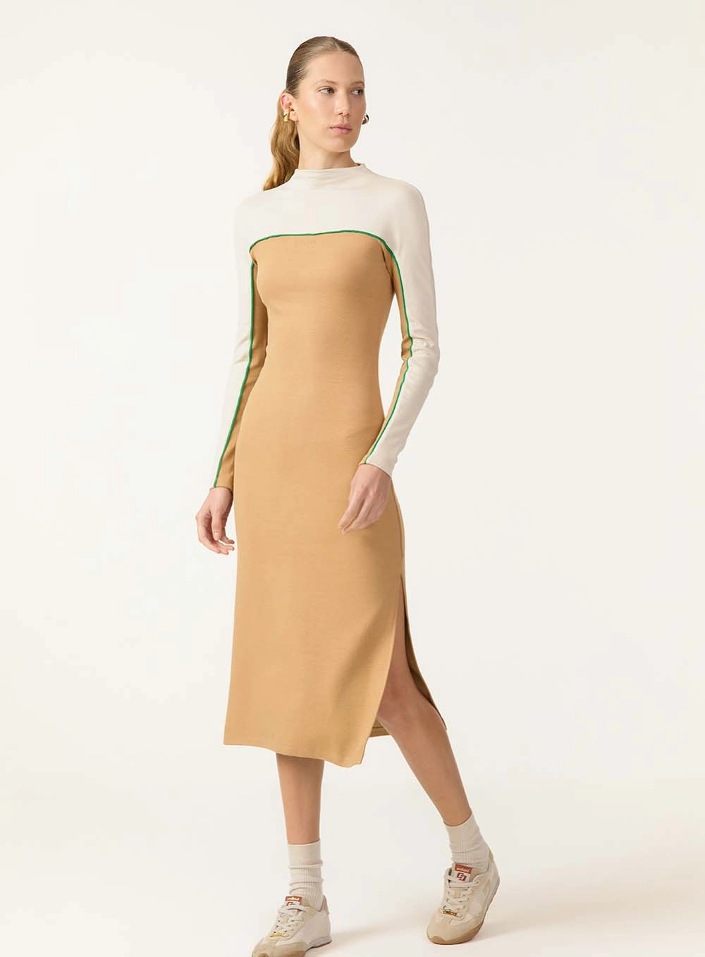 Vestido Midi Com Recorte Contrastante Bege