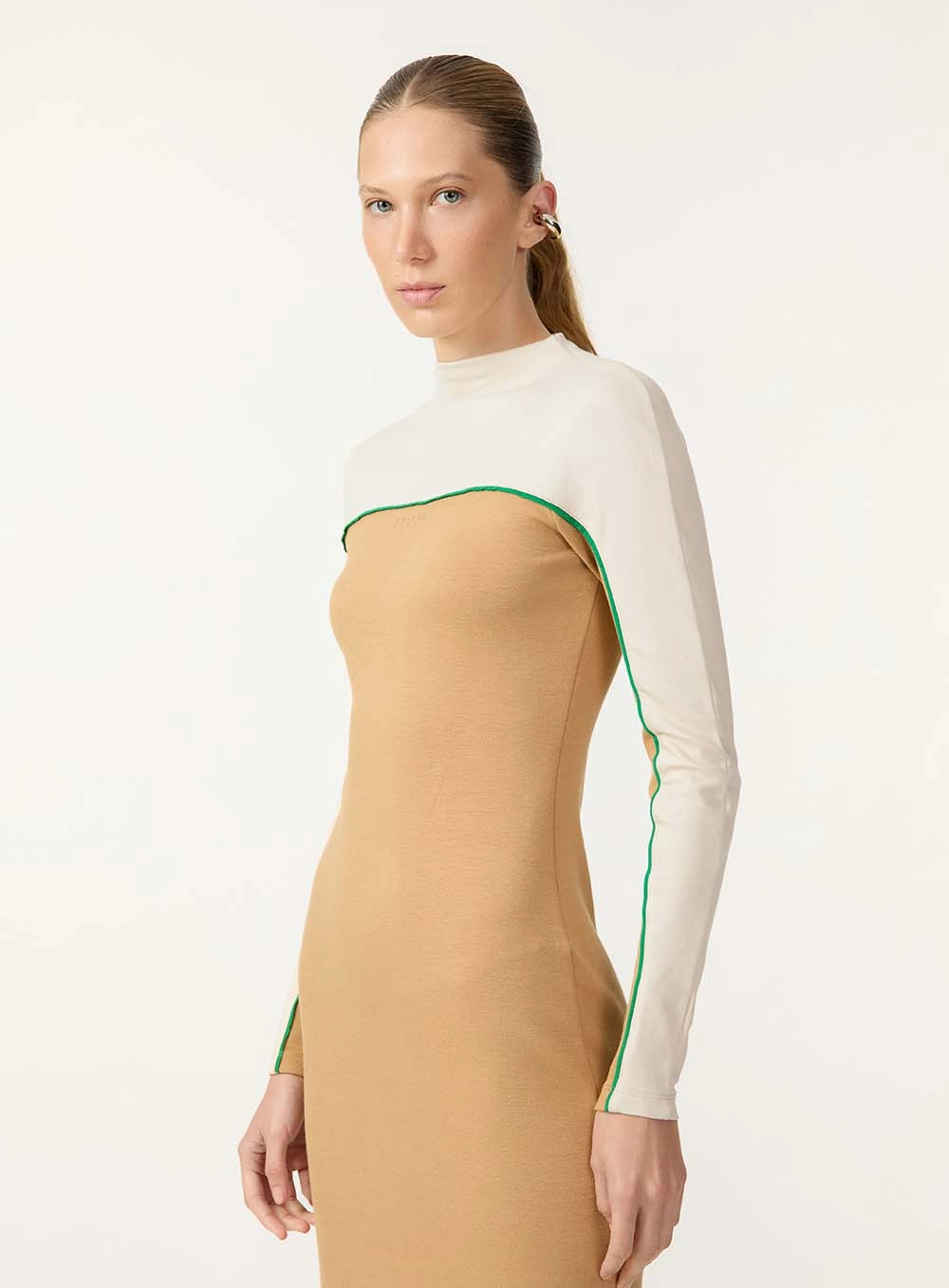 Vestido Midi Com Recorte Contrastante Bege