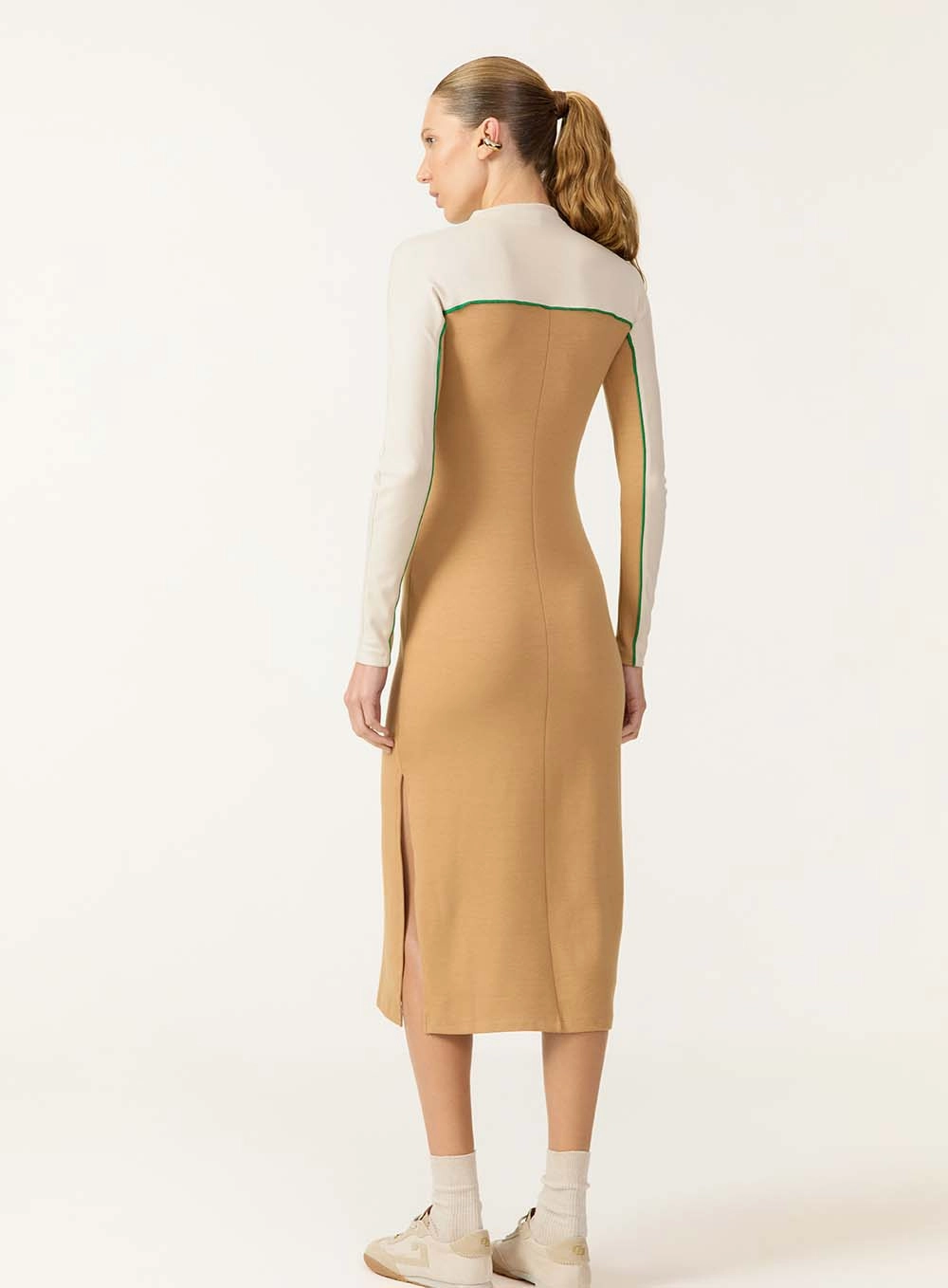 Vestido Midi Com Recorte Contrastante Bege
