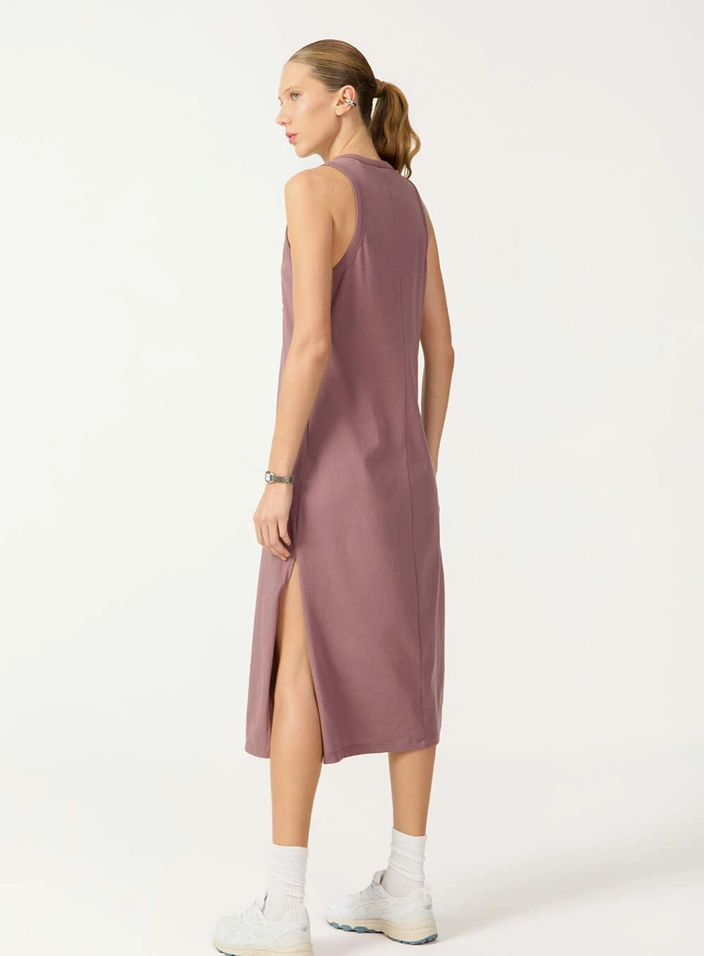 Vestido Midi Fenda Lateral Algodão Roxo