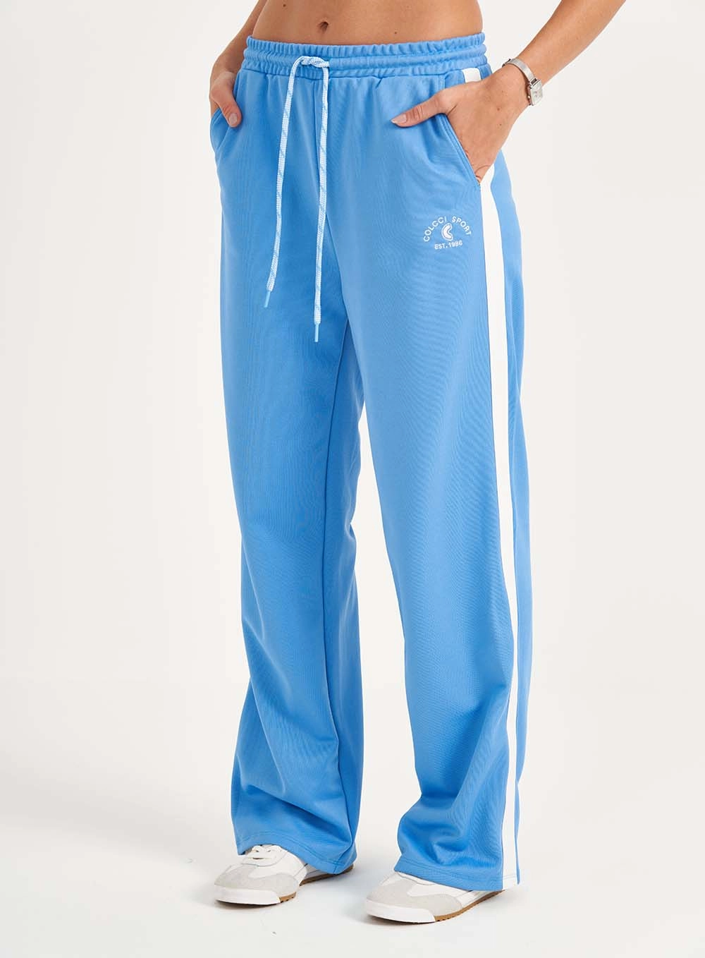 Calça Moletom Feminina Pantalona Com Listras Azul