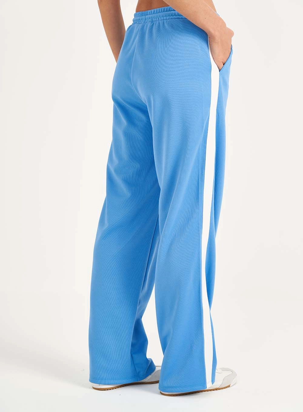 Calça Moletom Feminina Pantalona Com Listras Azul